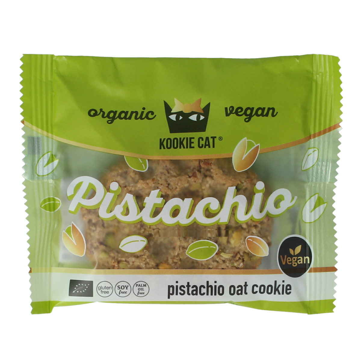 Kookie Cat pistache bio koek in 50g package, showing crunchy, nutty pistache-flavored cookies on a white background.