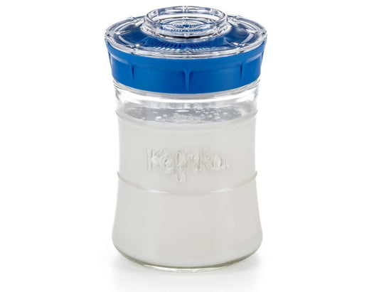 Blue Kefirko milk water kefir maker jar, 900ml, for homemade fermented drinks, shown with lid and brewing batch.