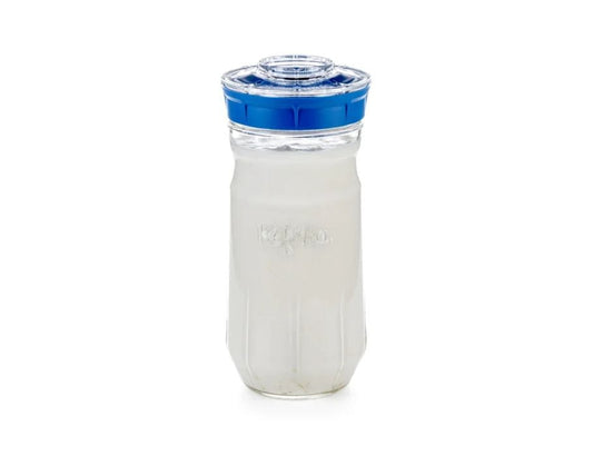 Kefirko milk-water kefir maker in 1400ml size, used for fermenting milk and water kefir at home, white plastic jar with lid.
