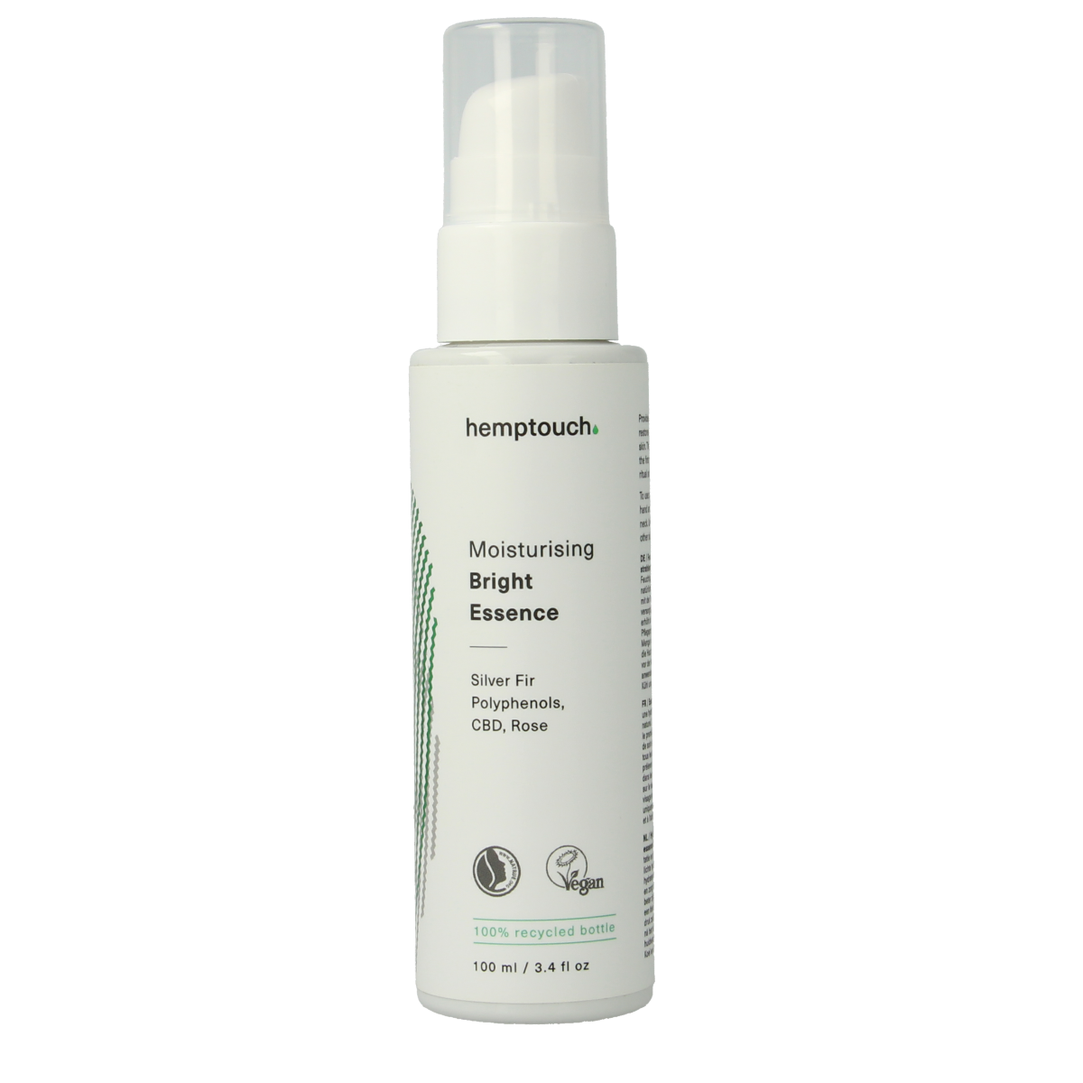 Hemptouch Moisturising Bright Essence in 100ml bottle, facial skincare product with natural ingredients, for hydrating and brightening skin