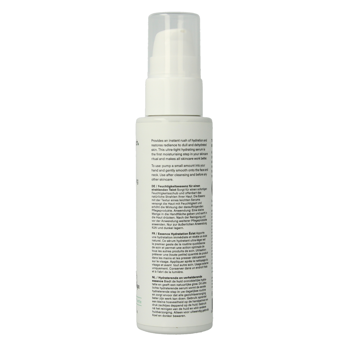 Hemptouch Moisturising Bright Essence in 100ml bottle, facial skincare product with a clear container and dropper for brightening skin.