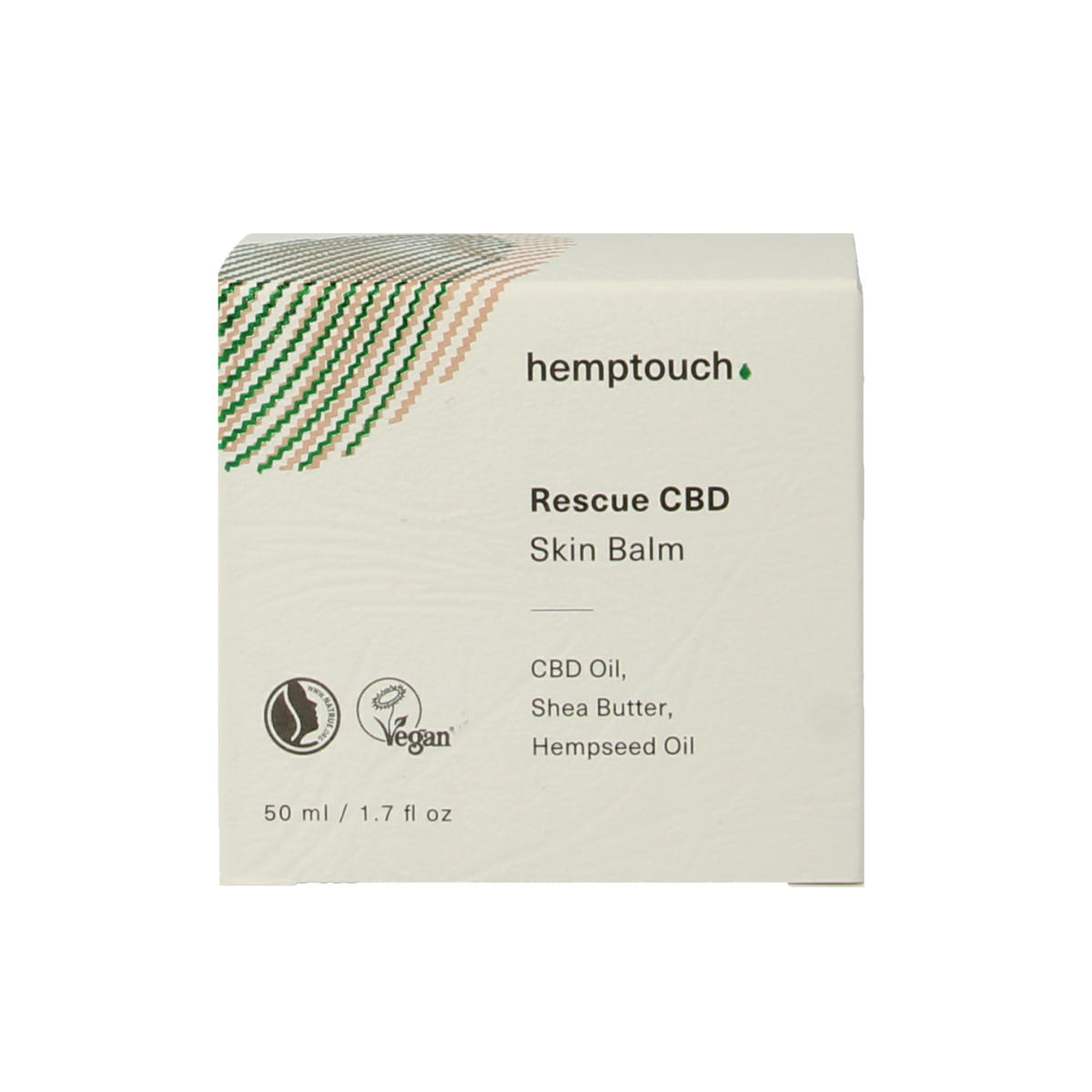 Hemptouch CBD rescue skin balm in eco-designed packaging, 50ml, for facial skincare with soothing CBD and natural ingredients.