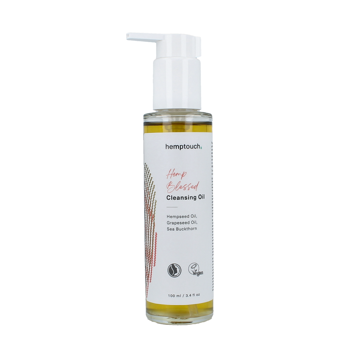 Hemptouch Hemp blessed cleansing oil in a 100ml bottle, designed for facial skincare, with a clear label and pump dispenser.