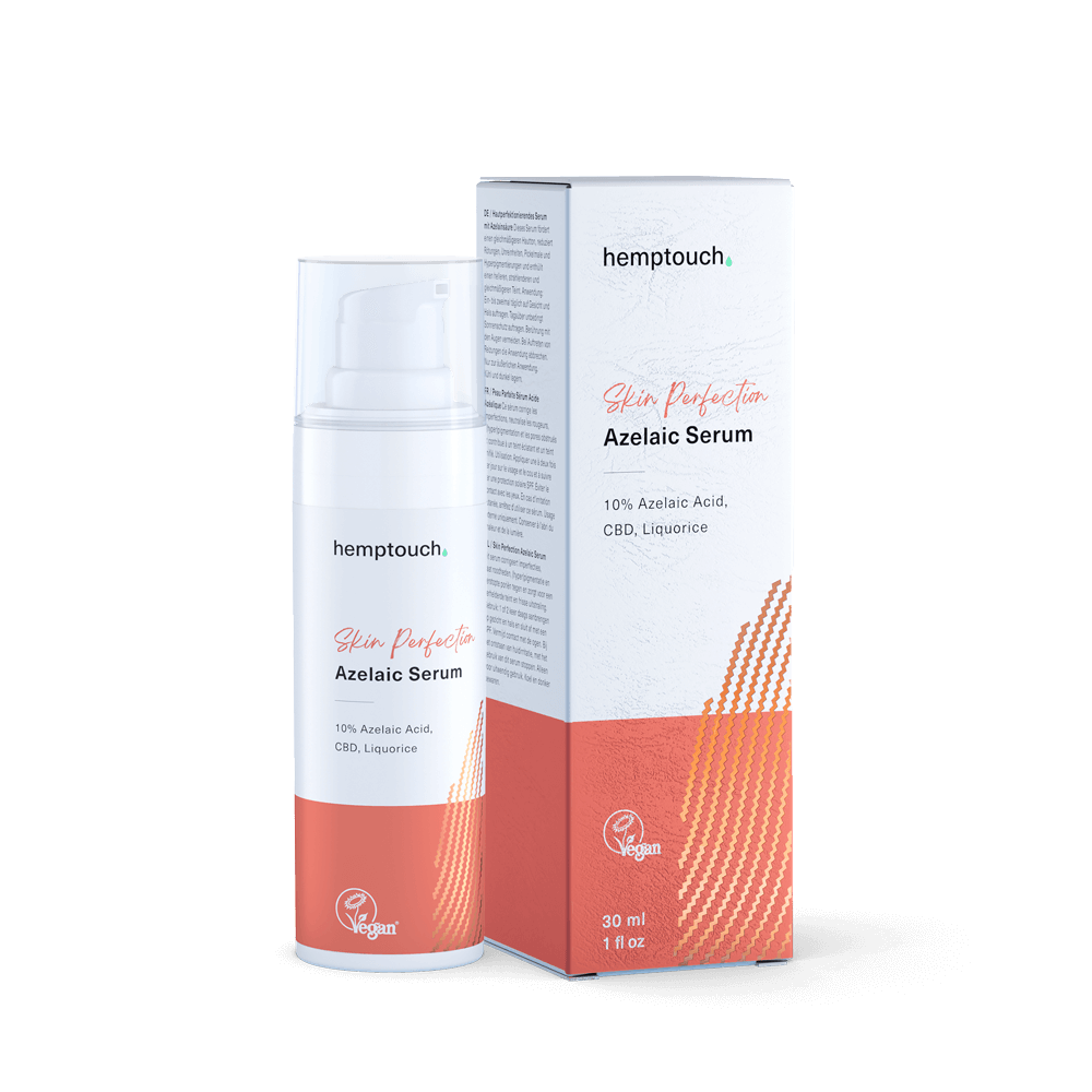 Hemptouch Skin Perfection Azelaic Serum 10% in a 30ml bottle, featuring a pump dispenser for facial skincare.