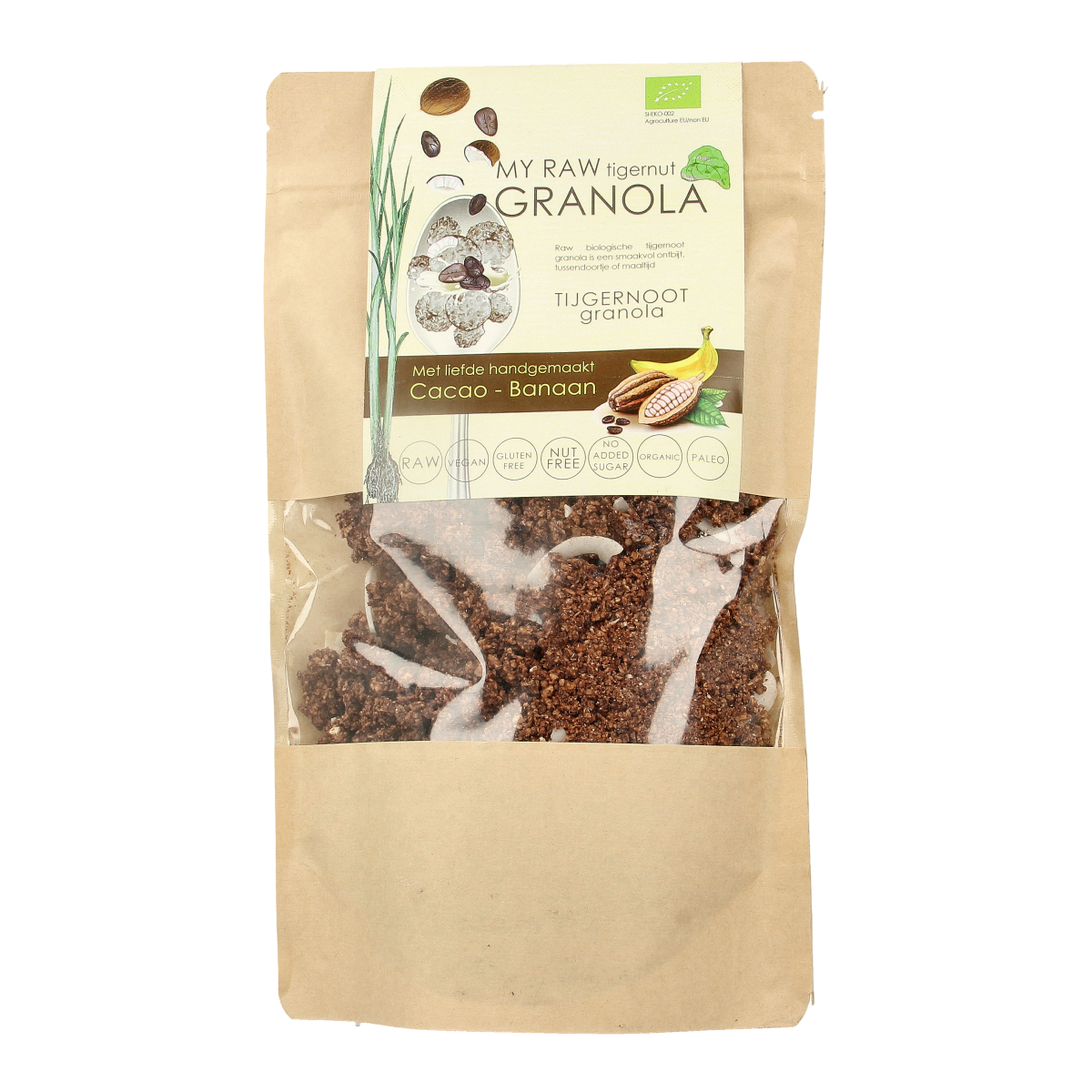 Vitiv Tijgernoot granola with chocolate and banana in a 230g package, natural breakfast cereal with tiger nut pieces