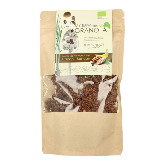 Vitiv Tijgernoot granola with chocolate and banana in a 230g package, natural breakfast cereal with tiger nut pieces