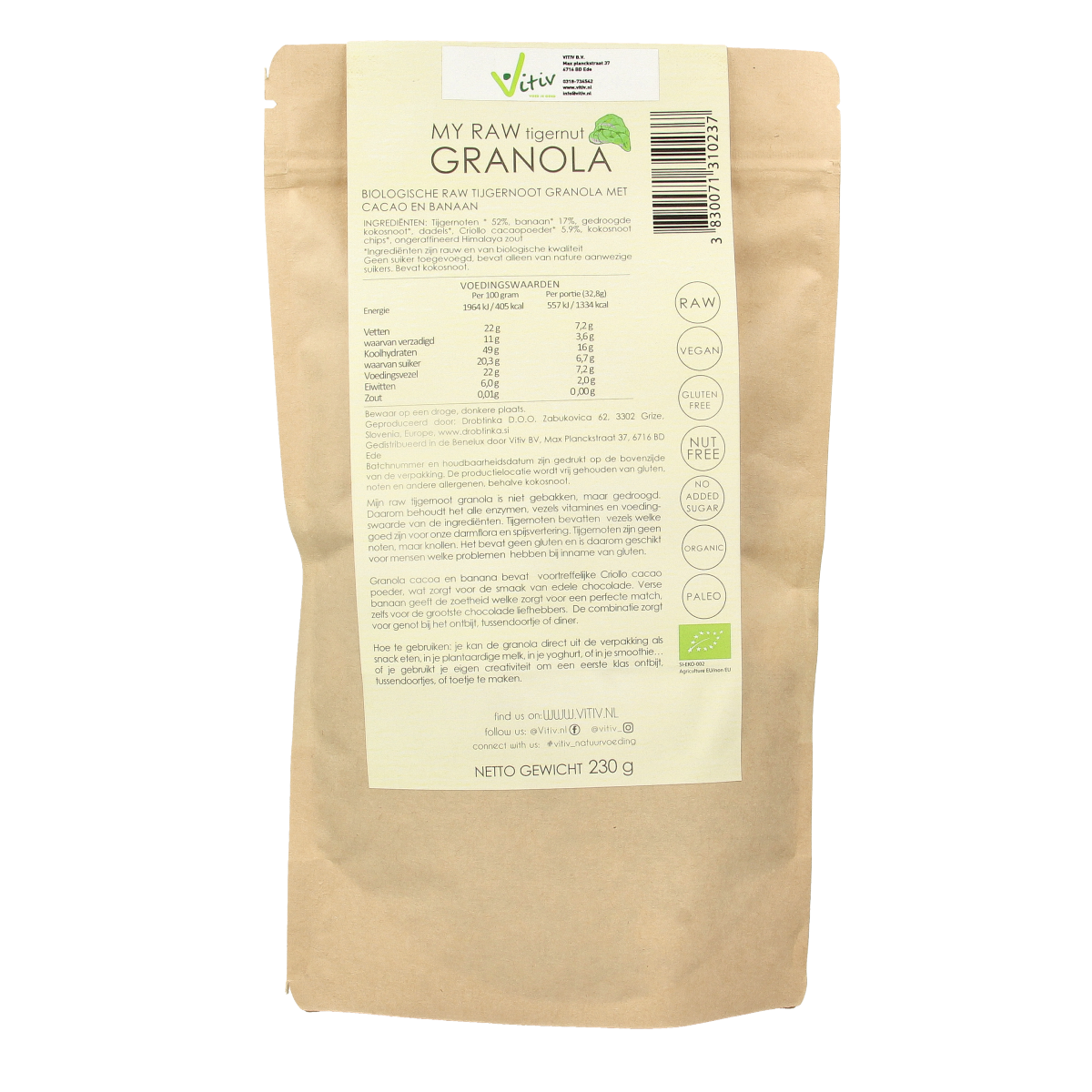Vitiv Tijgernoot granola with chocolate and banana, organic breakfast cereal in a 230g package.