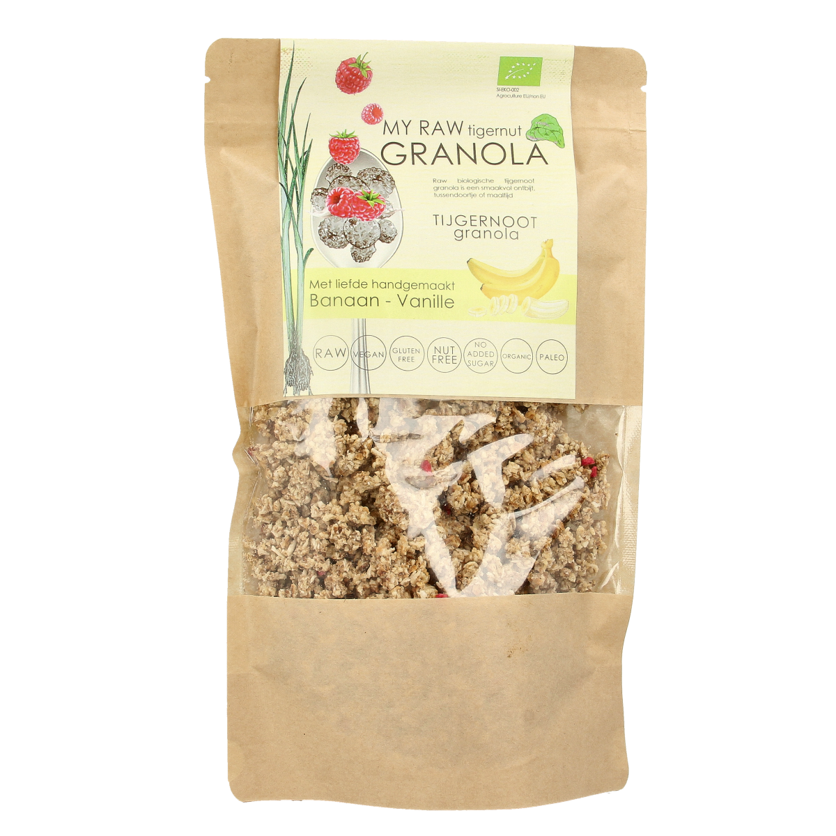 Vitiv Tijgernoot granola with banana and vanilla, organic breakfast cereal in 230g package, shown in a clear image.
