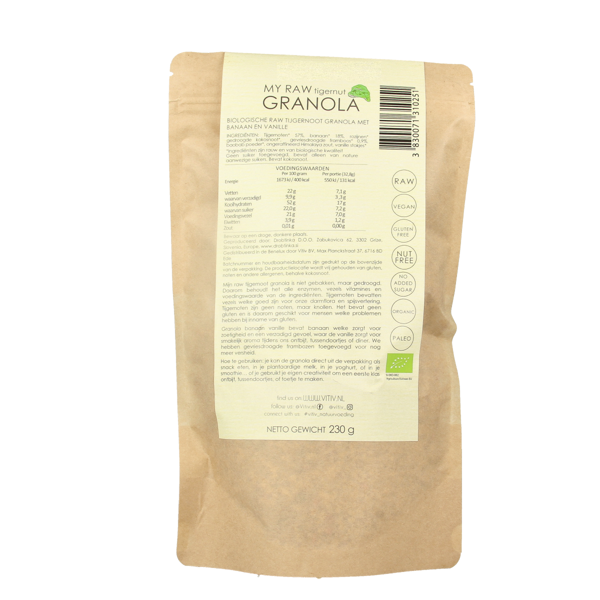 Vitiv Tijgernoot granola with banana and vanilla, organic breakfast cereal in a 230g package, shown in the image.