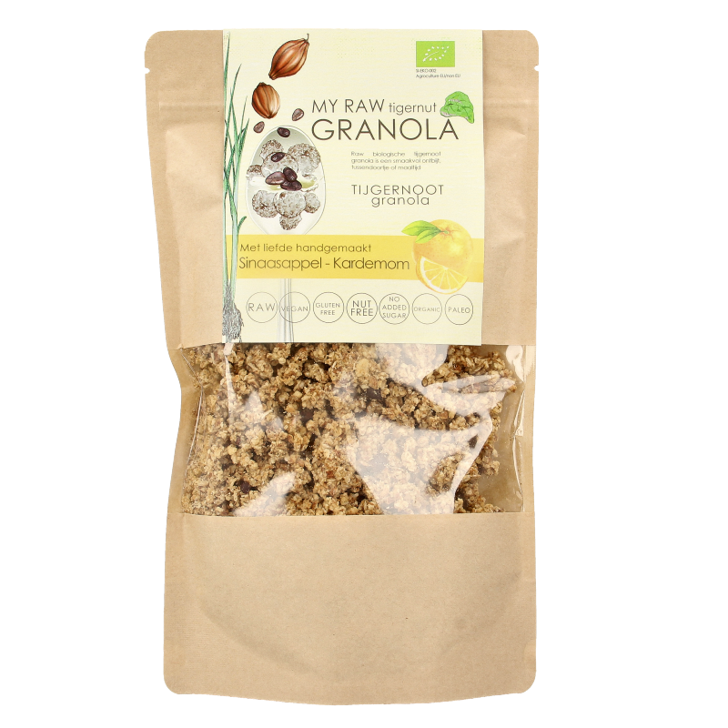 Vitiv Tijgernoot granola with orange and cardamom, organic snack in 230g pack, featuring crunchy granola with dried fruit and spices.