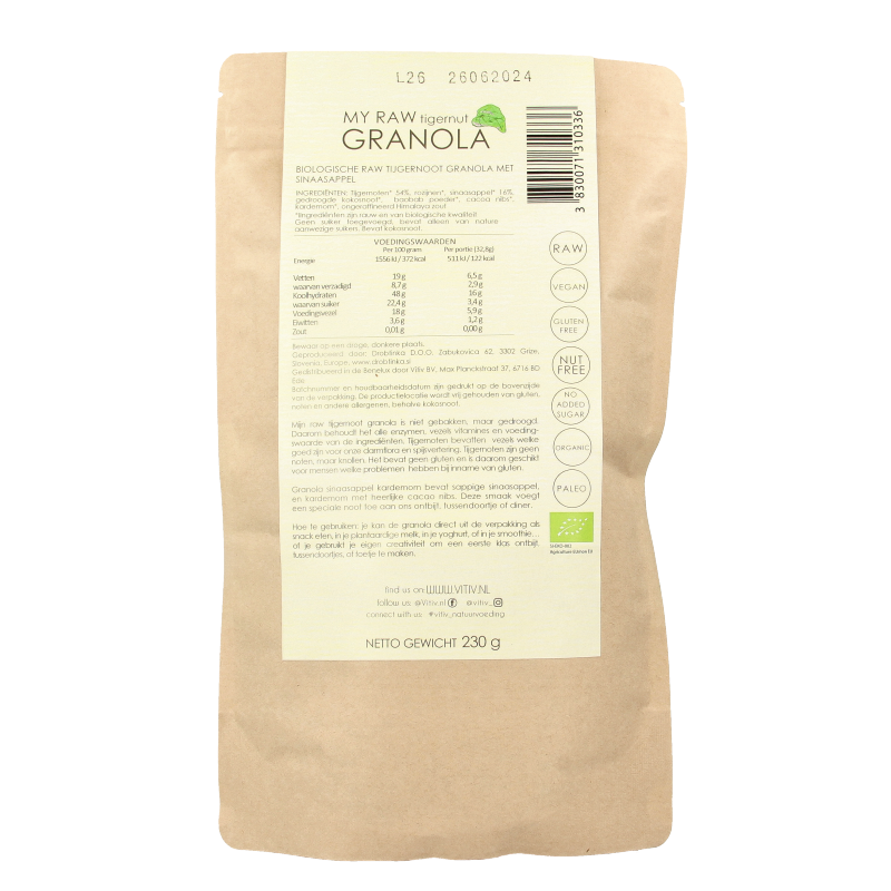 Vitiv Tijgernoot granola with citrus and cardamom, organic snack in 230g package, includes tiger nut pieces and dried fruit.