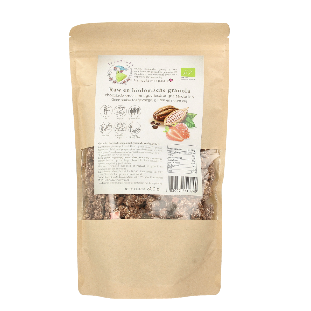 Vitiv Tijgernoot granola met chocolade en aardbei in 300g verpakking, ontbijtgranen met bio ingrediënten