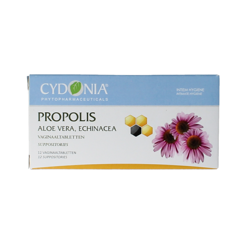 Cydonia Propolis vaginaal tabletten pack of 12, intimate hygiene product from Cydonia, featuring individual tablets in a box.