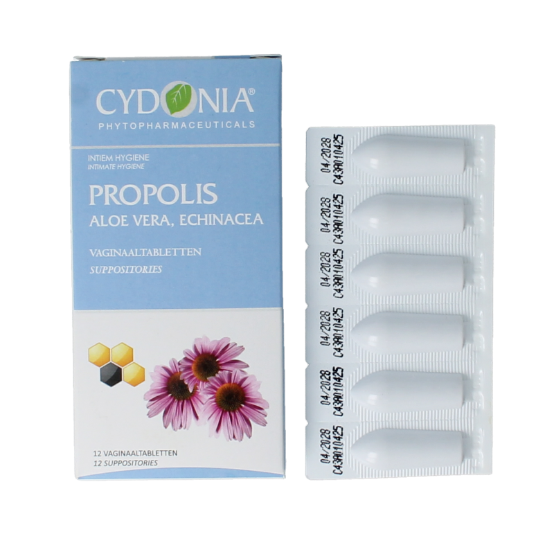 Cydonia Propolis vaginaal tabletten in a blister pack, intimate hygiene product by Cydonia, featuring 12 tablets for feminine care.