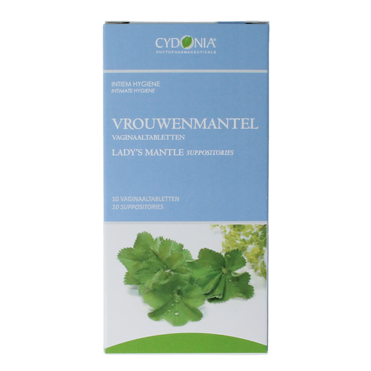 Cydonia Vrouwenmantel vaginaaltabletten, kruidenaftabletten in verpakking, natural herbal supplement for women’s health.