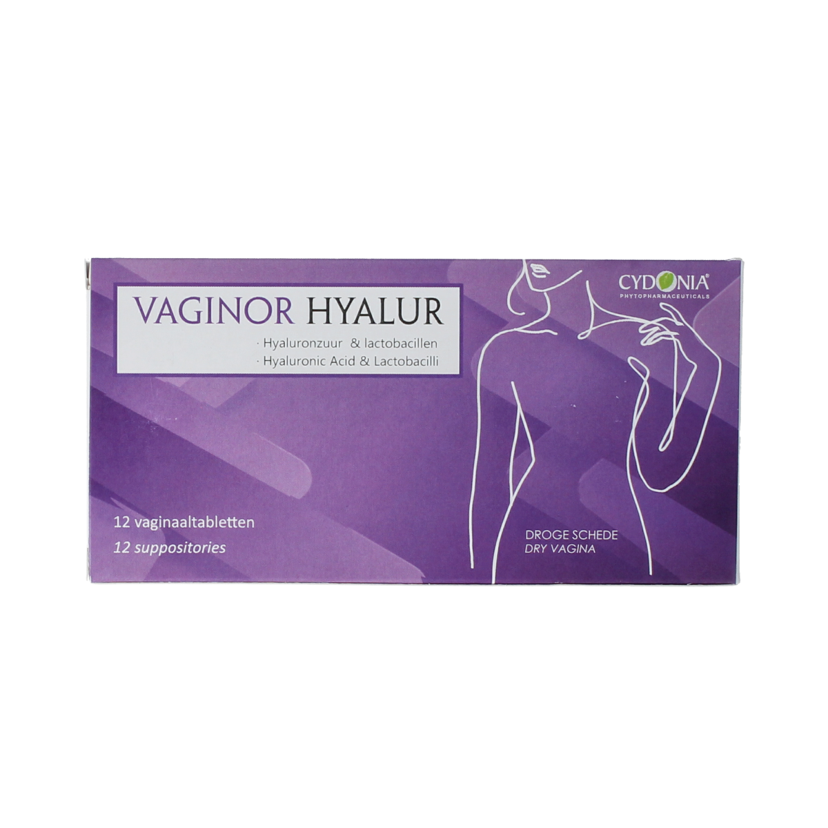 Cydonia Vaginor hyaluronic vaginal tablets in a package of 12, used for intimate hygiene and moisture support.