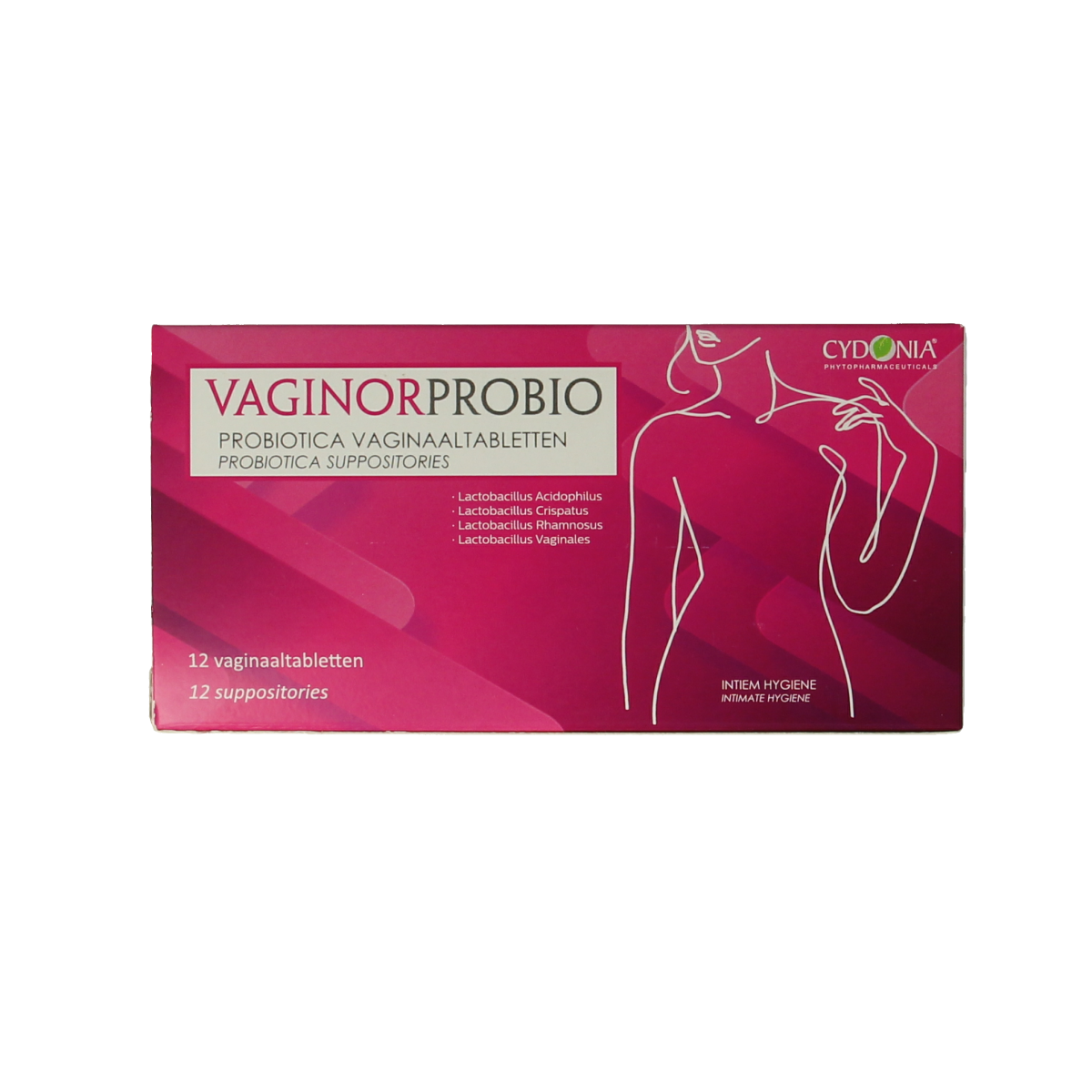Cydonia Vaginor Probio Vagitab 12 tablets, intimate hygiene supplement in blister pack with white tablets and packaging.