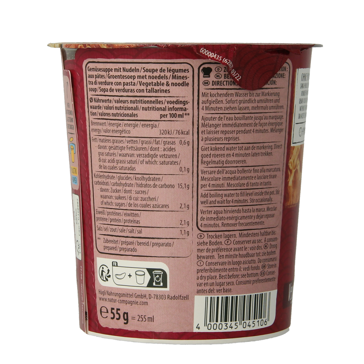 Natur Compagnie Asia vegetable bio cup noodles in a 55g package, showcasing the ready-to-eat soup with fresh vegetables.