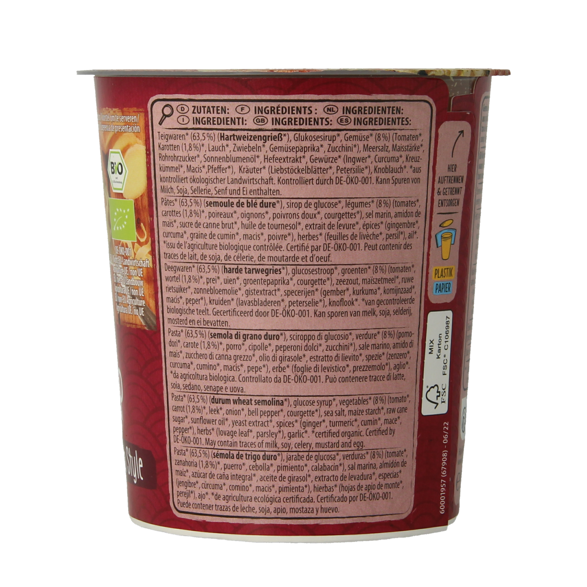 Natur Compagnie Cupnoodles Asia vegetable organic soup in a 55g cup, with visible noodles and vegetable pieces.