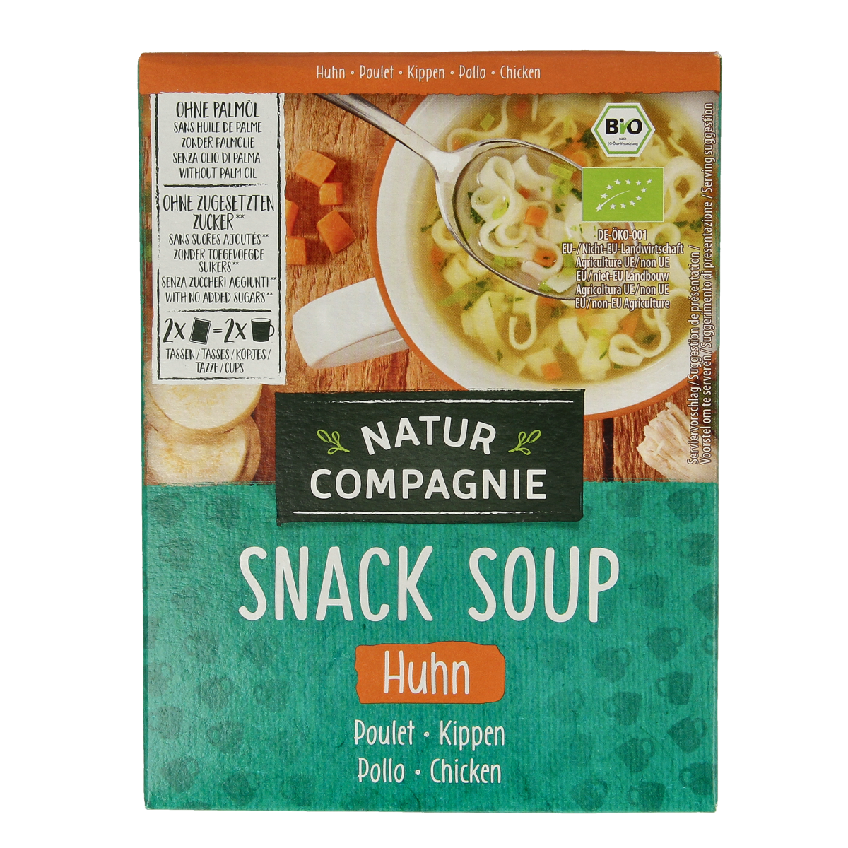 Natur Compagnie organic chicken instant soup in a 34g package, showing the clear packaging and product branding.