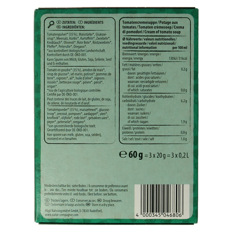 Natur Compagnie Fixe tomaat bio instant soep in 60g cup, featuring fresh tomato flavor and organic ingredients.