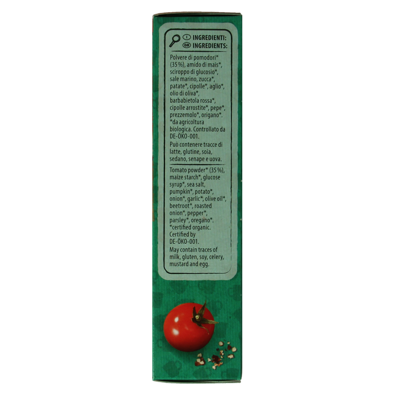 Natur Compagnie Fixe instant tomaat soep in 60g package, organic tomato-flavored soup with bouillon and broth ingredients.