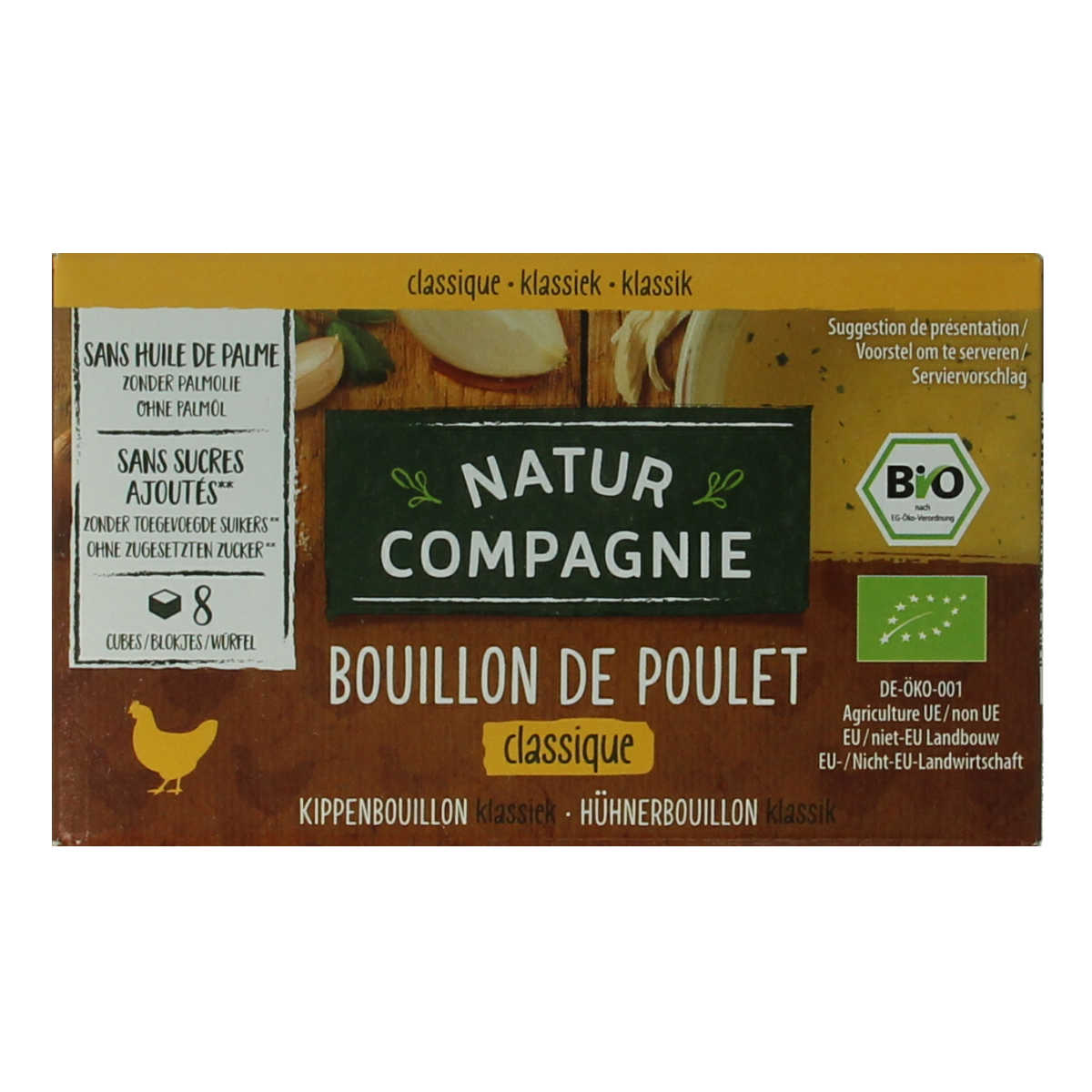 Organic Natur Compagnie Kippenbouillon cube, 88g, in a clear package, for flavorful soups and broths