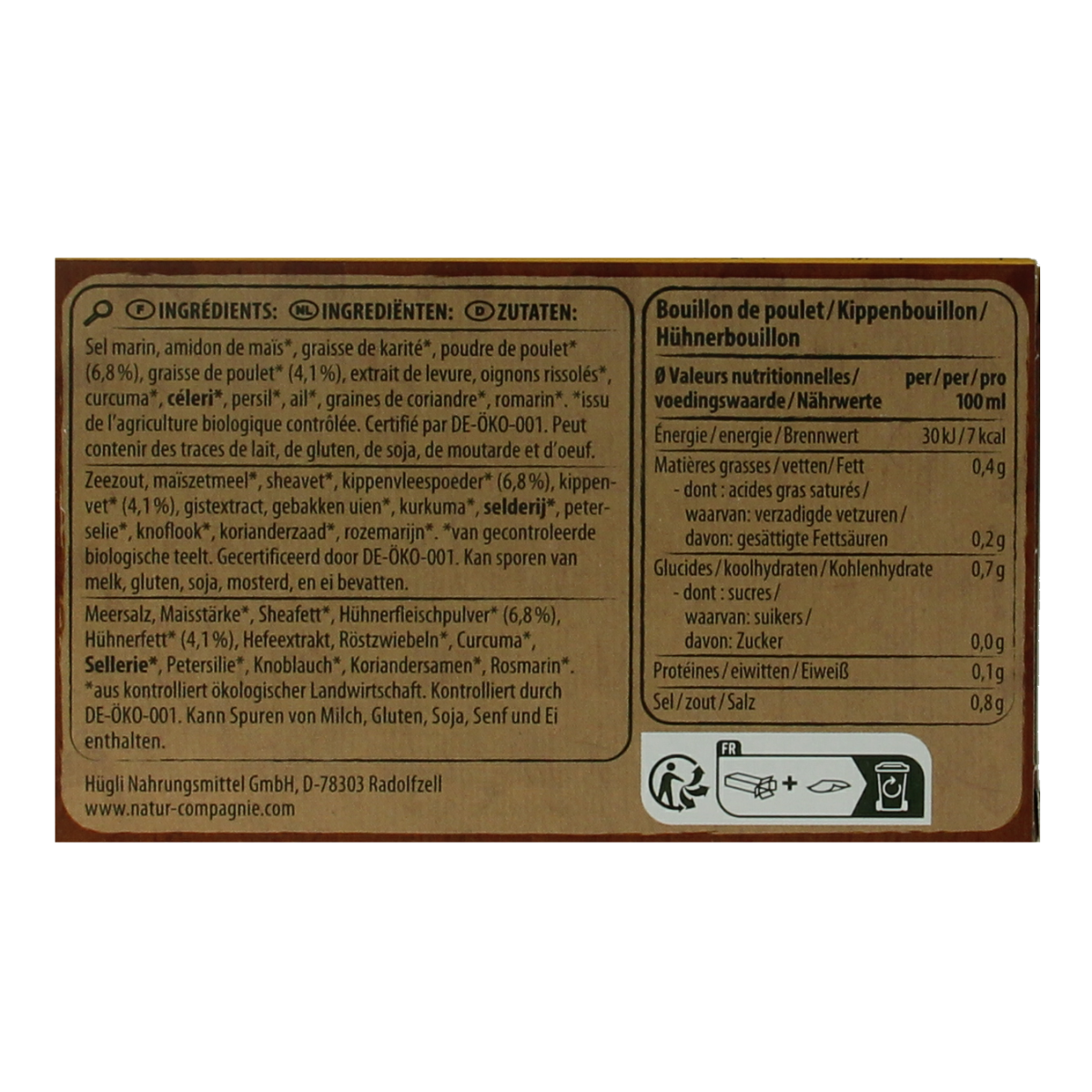 Natur Compagnie Kippenbouillon 8 biologische blokjes in 88g package, ideal for soups and broths.