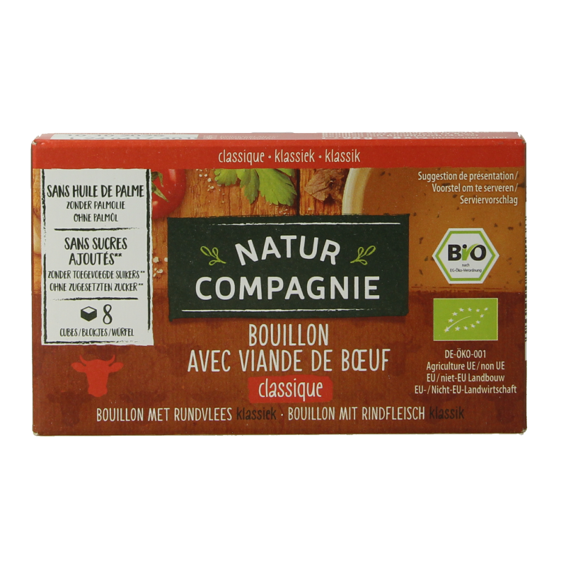 Natur Compagnie bio rundvleesbouillon blokjes, 8 stukjes, natural beef broth cubes for soups and broths in a pack.