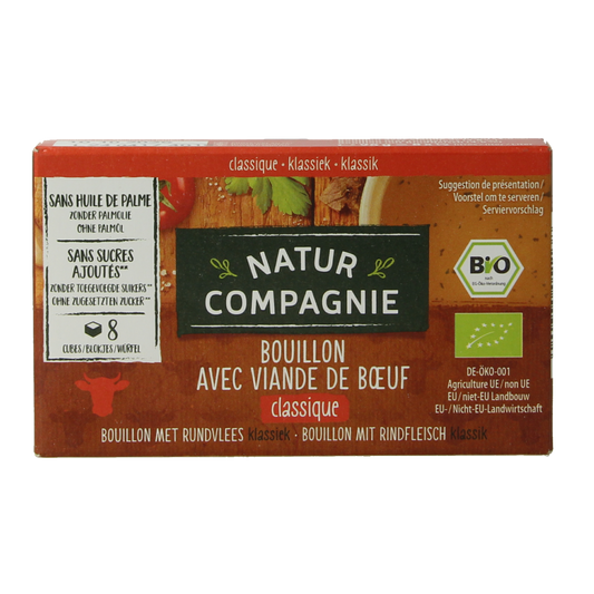 Natur Compagnie bio rundvleesbouillon blokjes, 8 stukjes, natural beef broth cubes for soups and broths in a pack.