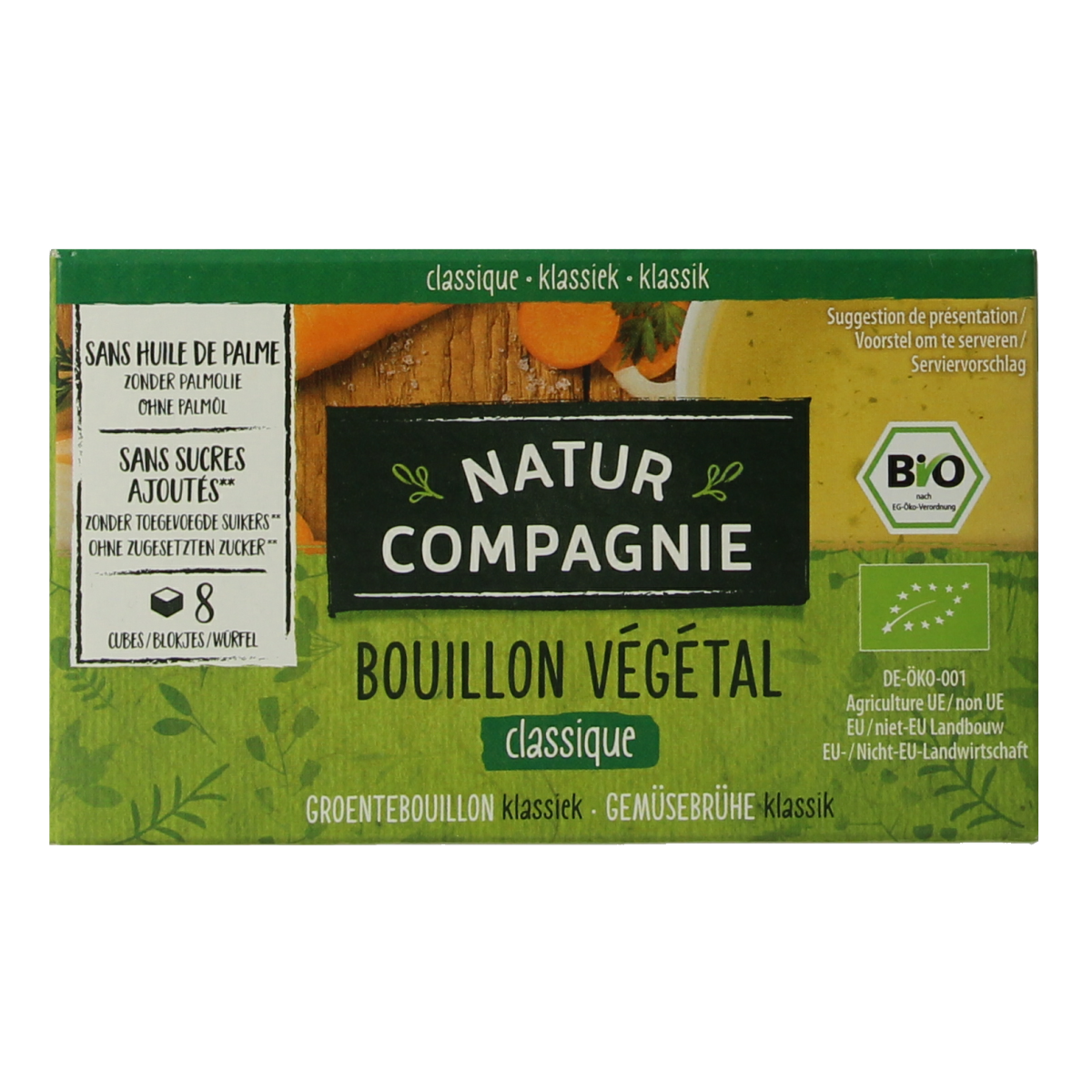 Natur Compagnie organic vegetable bouillon cubes with salt, 84 grams, in a clear image showing the packaging and cubes.