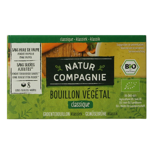 Natur Compagnie organic vegetable bouillon cubes with salt, 84 grams, in a clear image showing the packaging and cubes.