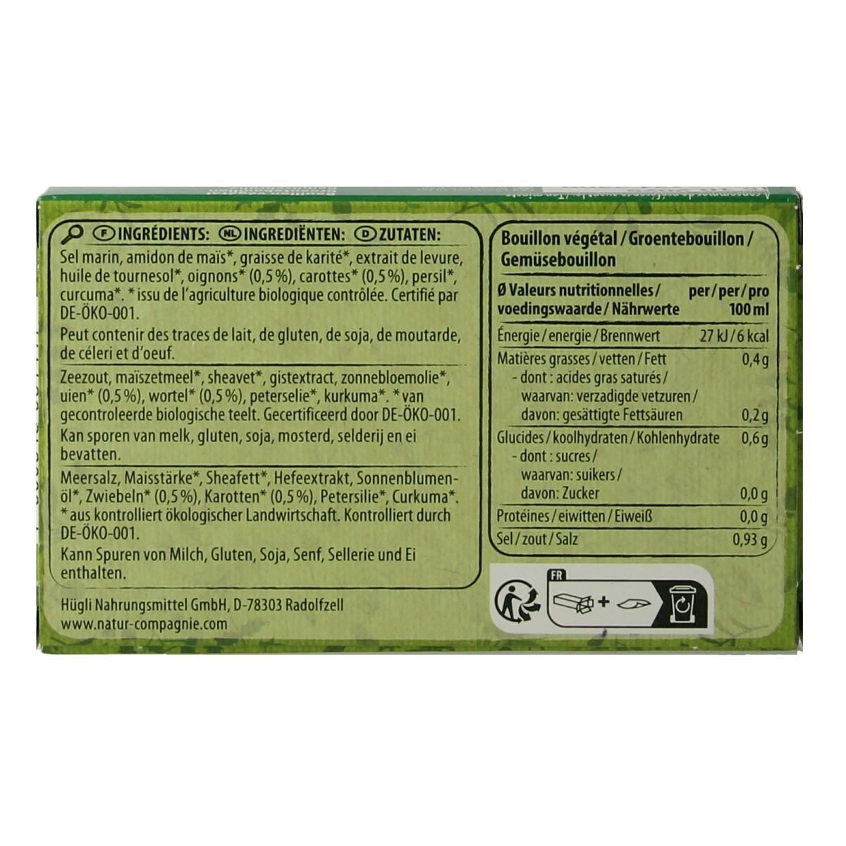 Natur Compagnie organic vegetable bouillon cubes with salt, 84g, in a natural setting, showcasing the packaging and fresh ingredients.