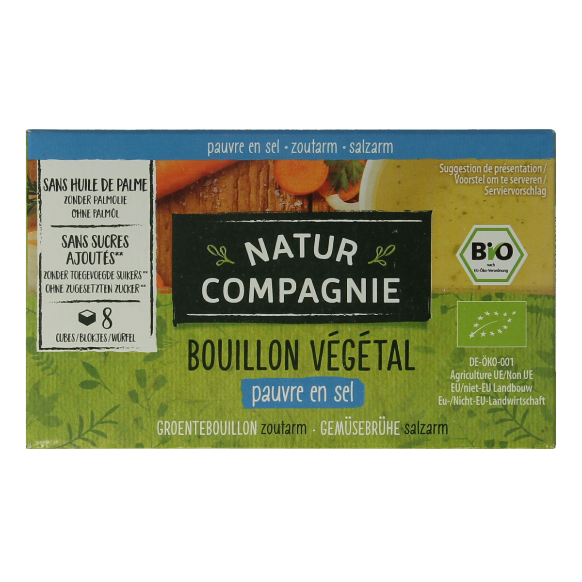 Natur Compagnie organic salt-free vegetable bouillon cube, 68g, for soups and broths, natural and flavorful.