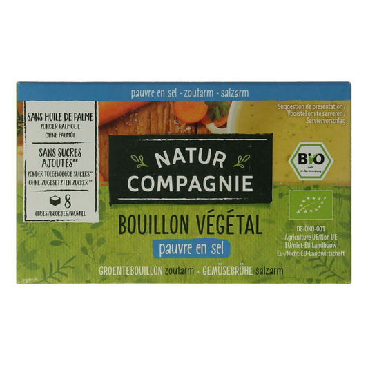 Natur Compagnie organic salt-free vegetable bouillon cube, 68g, for soups and broths, natural and flavorful.