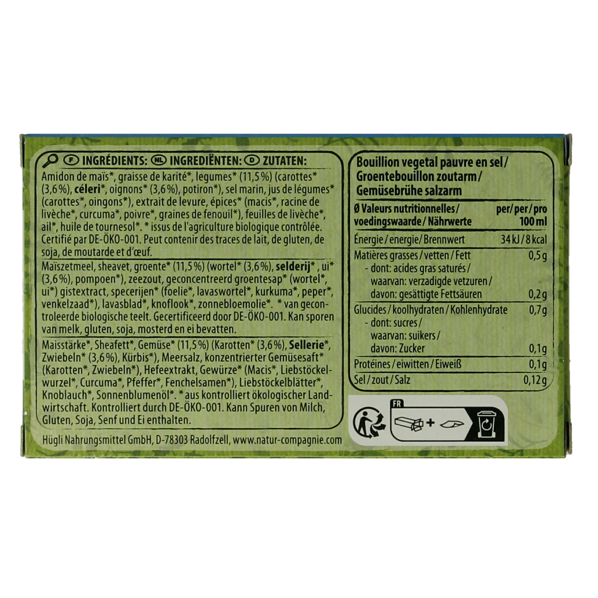 Natur Compagnie organic salt-free vegetable bouillon in 68g package, perfect for soups and broths