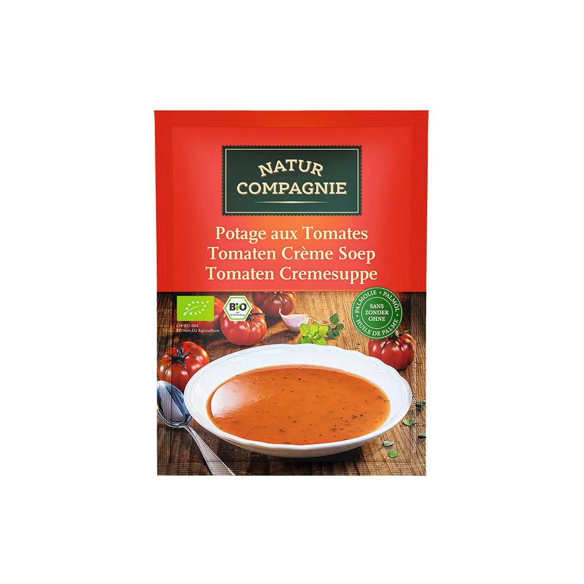 Organic Natur Compagnie tomato cream soup in a 40g packet, featuring vibrant tomato imagery and natural ingredients.