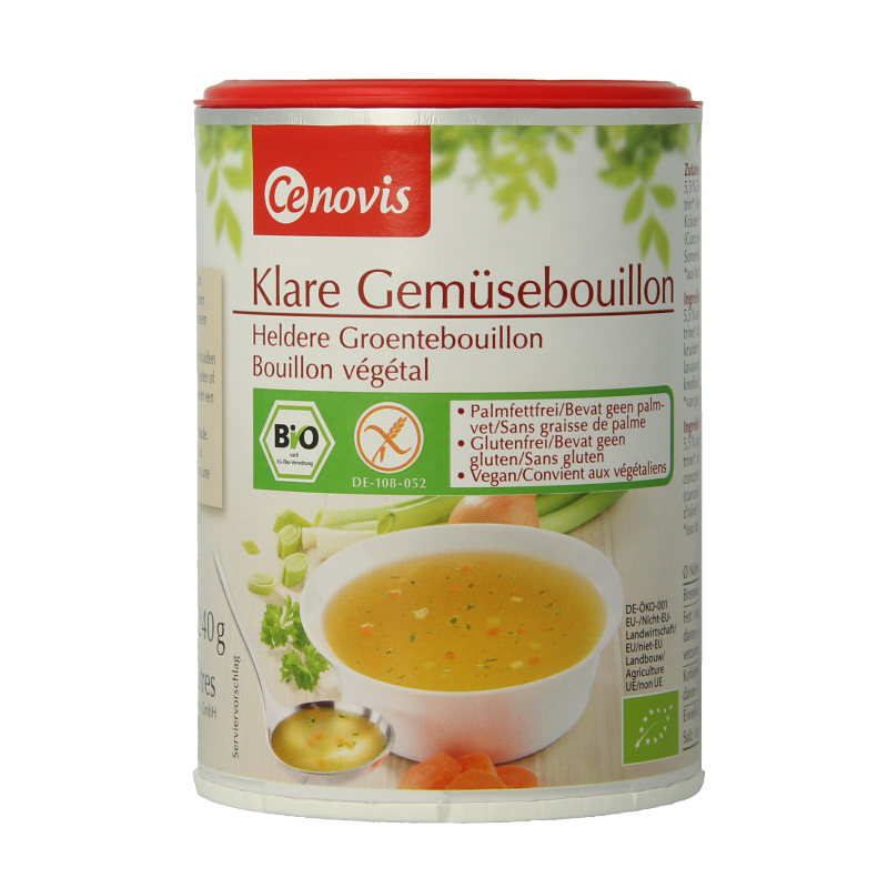 Cenovis bio heldere bouillon in 240 gram package, natural clear vegetable broth for soups and cooking.