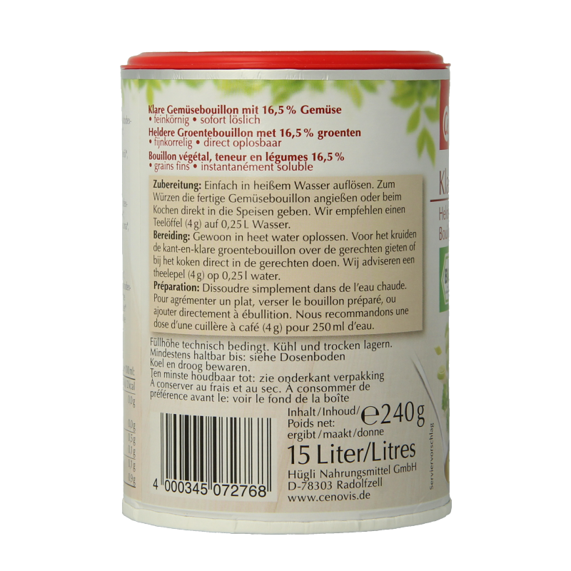 Cenovis bio heldere bouillon in 240g package, showing the transparent broth in a bowl with fresh herbs and vegetables.