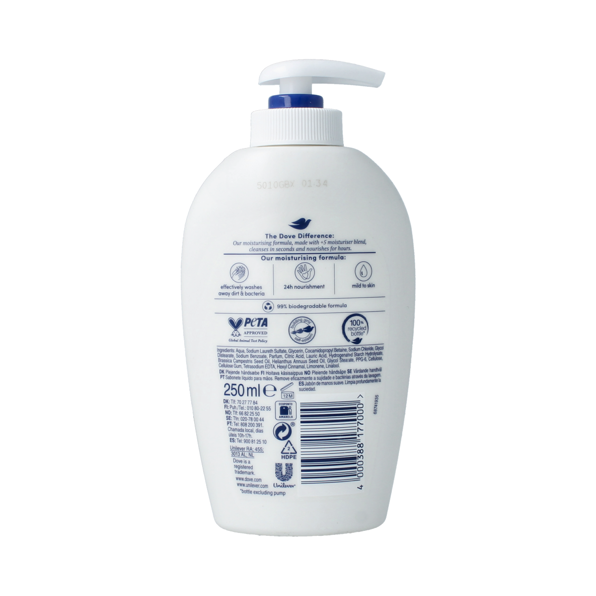 Dove Pompzeep verzorgende handzeep in 250ml pump bottle, showing the gentle hand cleansing and moisturizing formula.