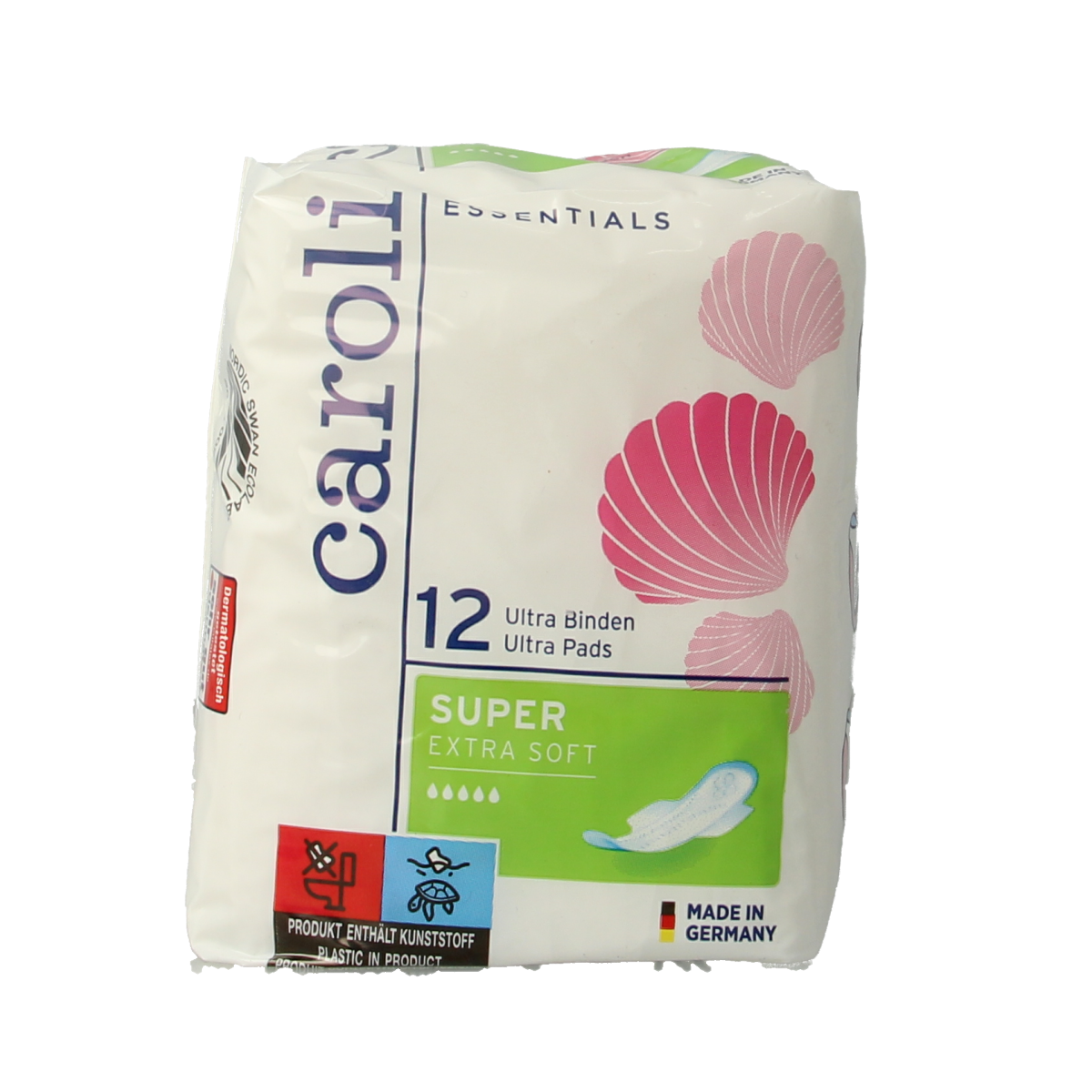 Caroli Maandverband ultra super plus 12-pack for women, feminine hygiene product with tampons and pads, in packaging.