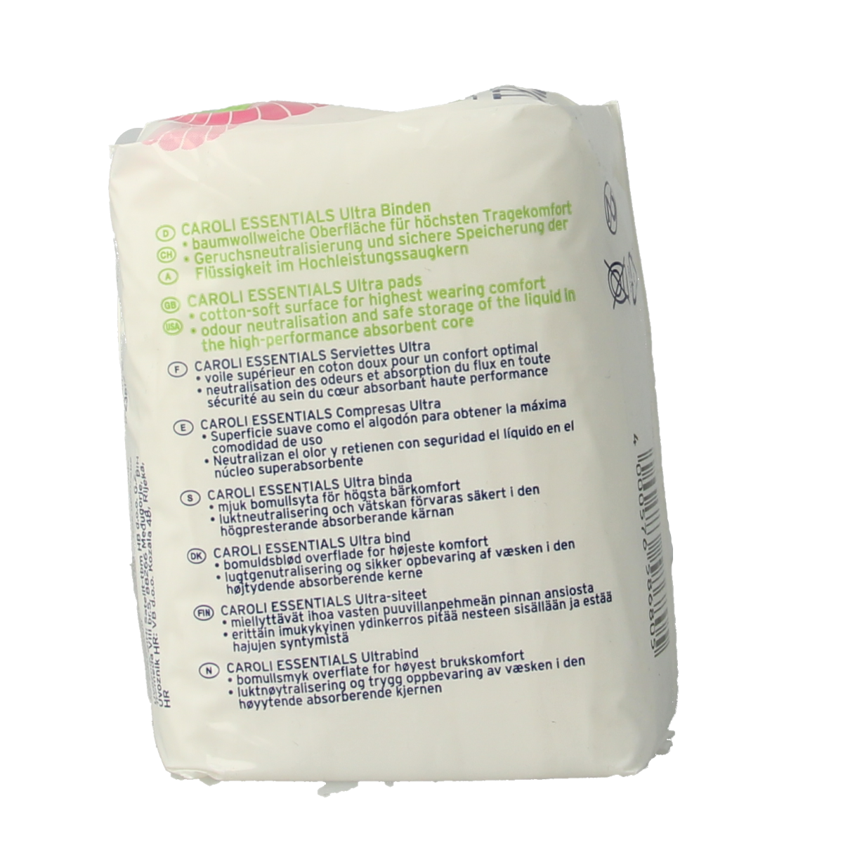 Caroli Maandverband ultra super plus and tampons for women, 12-pack, showing absorbent menstrual pads and tampons.