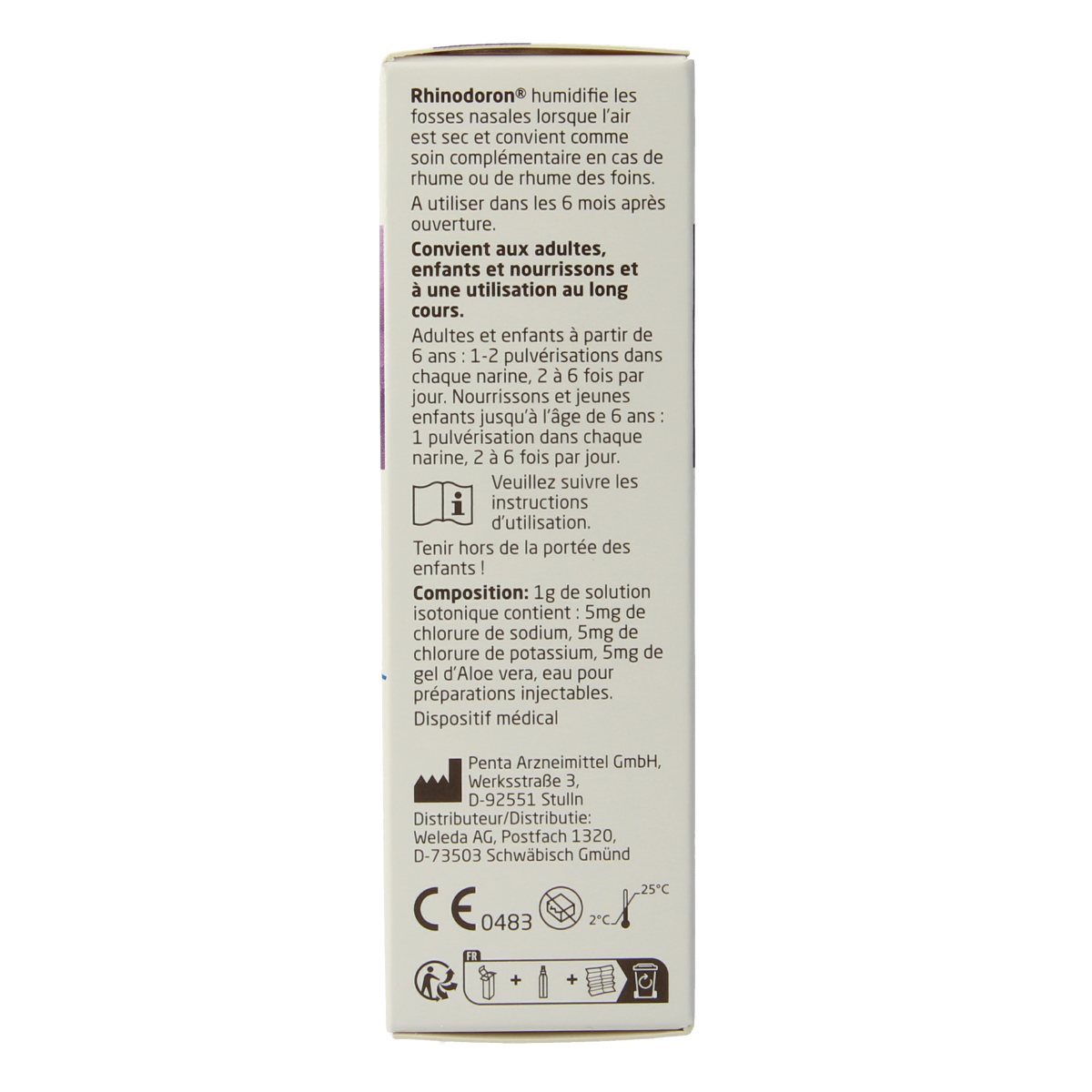 Weleda Rhinodoron nasal spray bottle for nasal care and inhalation, 20ml, with a white and blue packaging design.