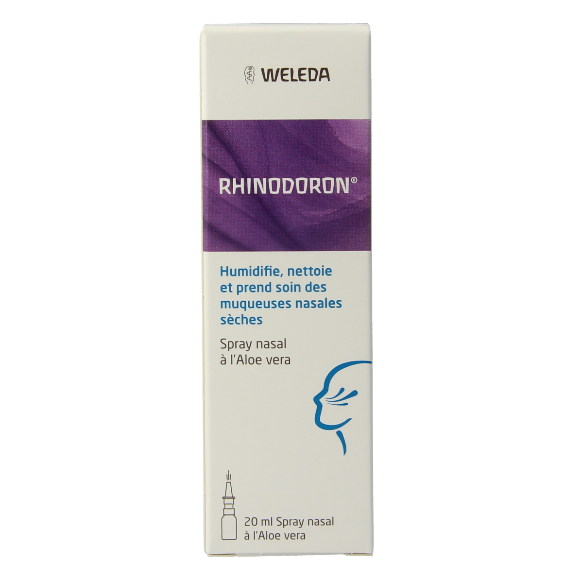 Weleda Rhinodoron nasal spray 20ml for nasal care and inhalation, with a white spray bottle and pump applicator.