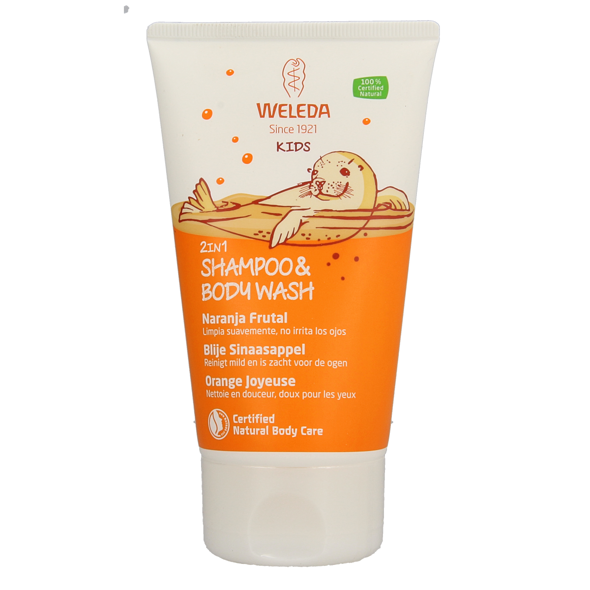 Weleda Kids 2-in-1 shampoo and bodywash with orange scent, 150ml, gentle for children's hair and skin.