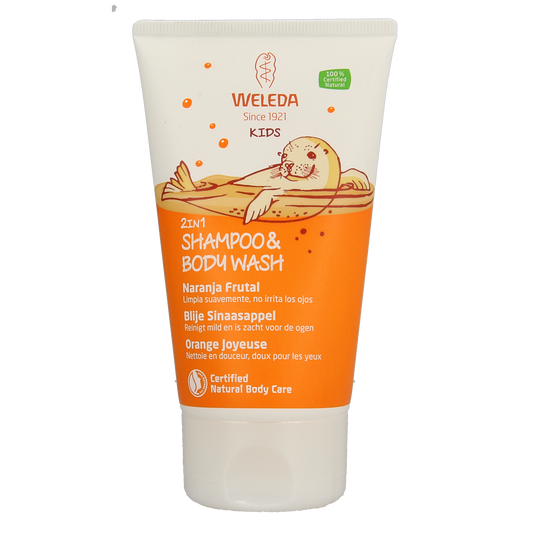 Weleda Kids 2-in-1 shampoo and bodywash with orange scent, 150ml, gentle for children's hair and skin.