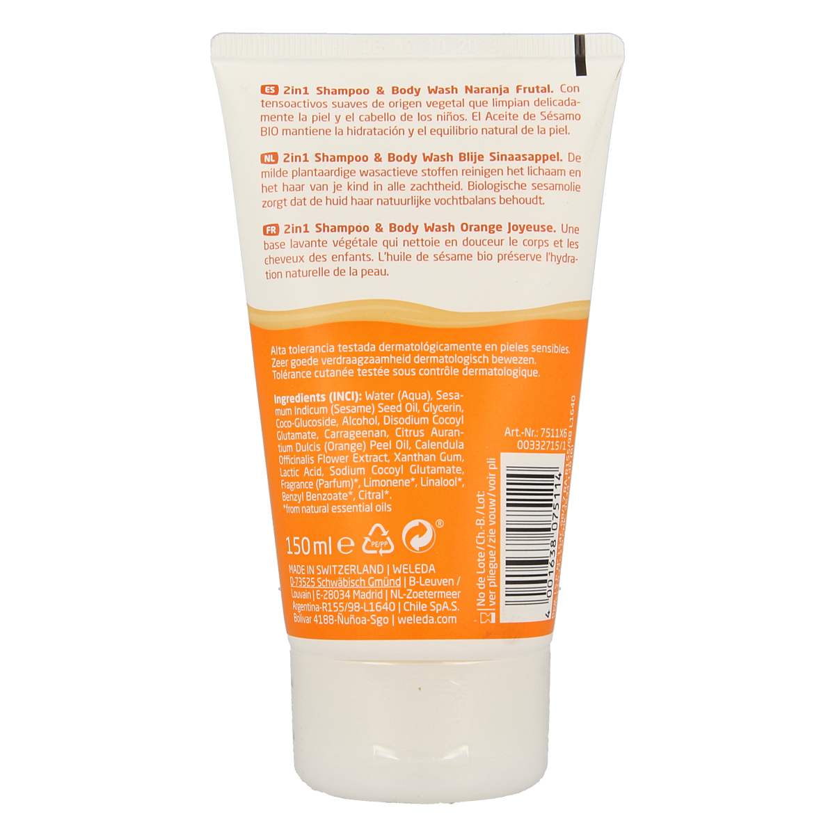 Weleda Kids 2-in-1 shampoo and body wash in orange scent, 150ml, gentle cleanser for children's hair and skin.