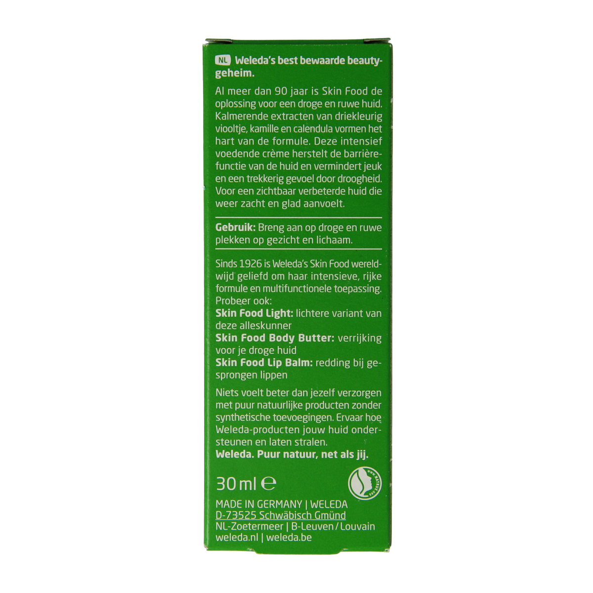 Weleda Skin Food body care product in a 30ml tube, featuring natural ingredients for nourishing skin.
