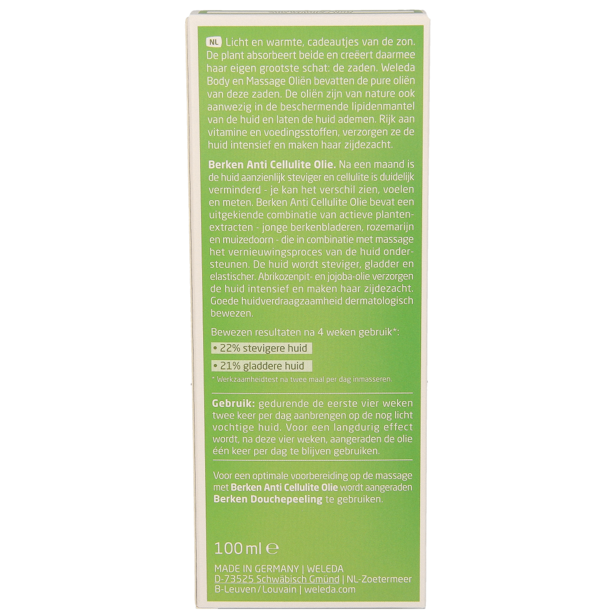 Weleda Berken anti-cellulite olie in a 100ml bottle, natural body care product for skin firmness and cellulite reduction.
