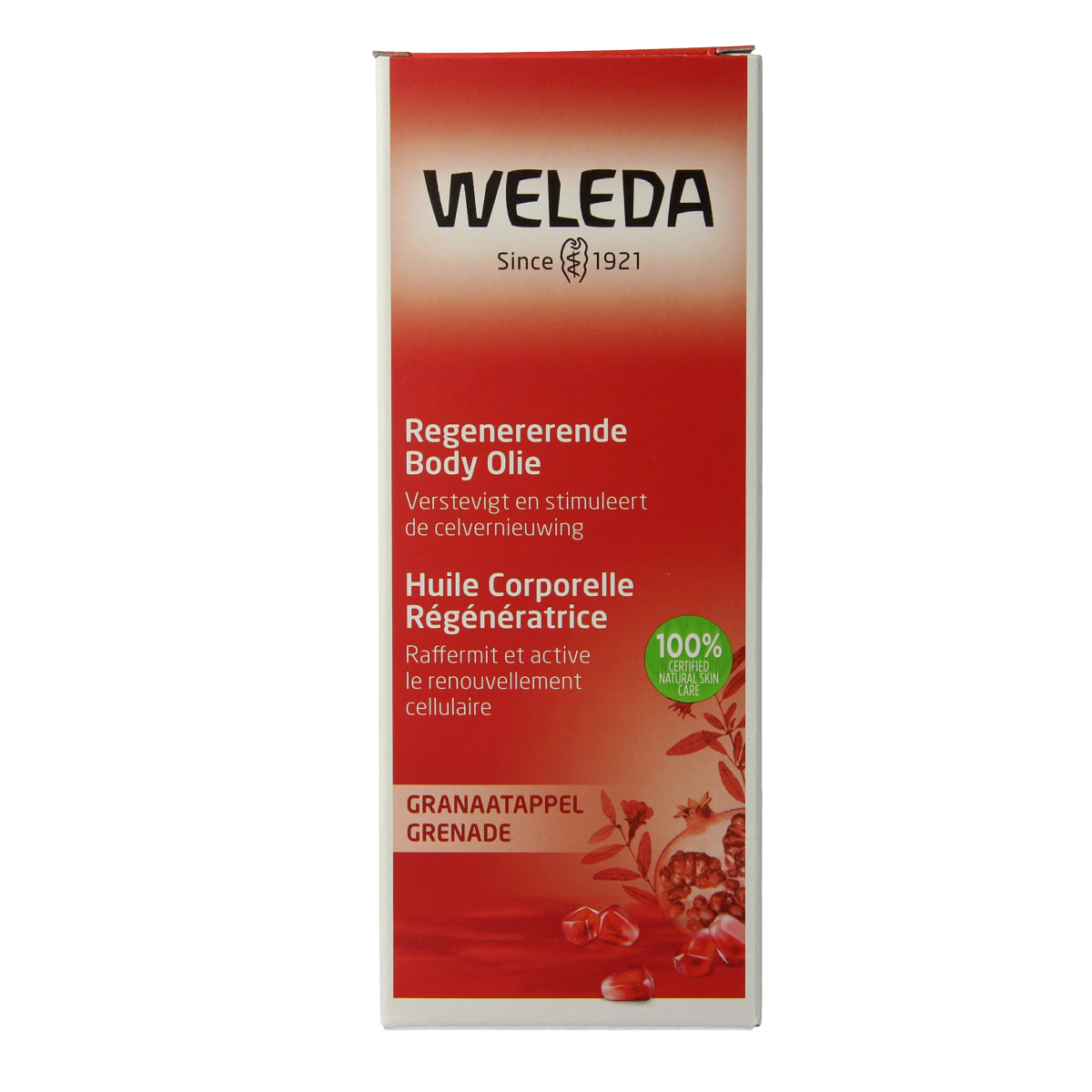 Weleda Granaatappel regenererende lichaamsolie in 100ml bottle, featuring natural ingredients for skin nourishment.
